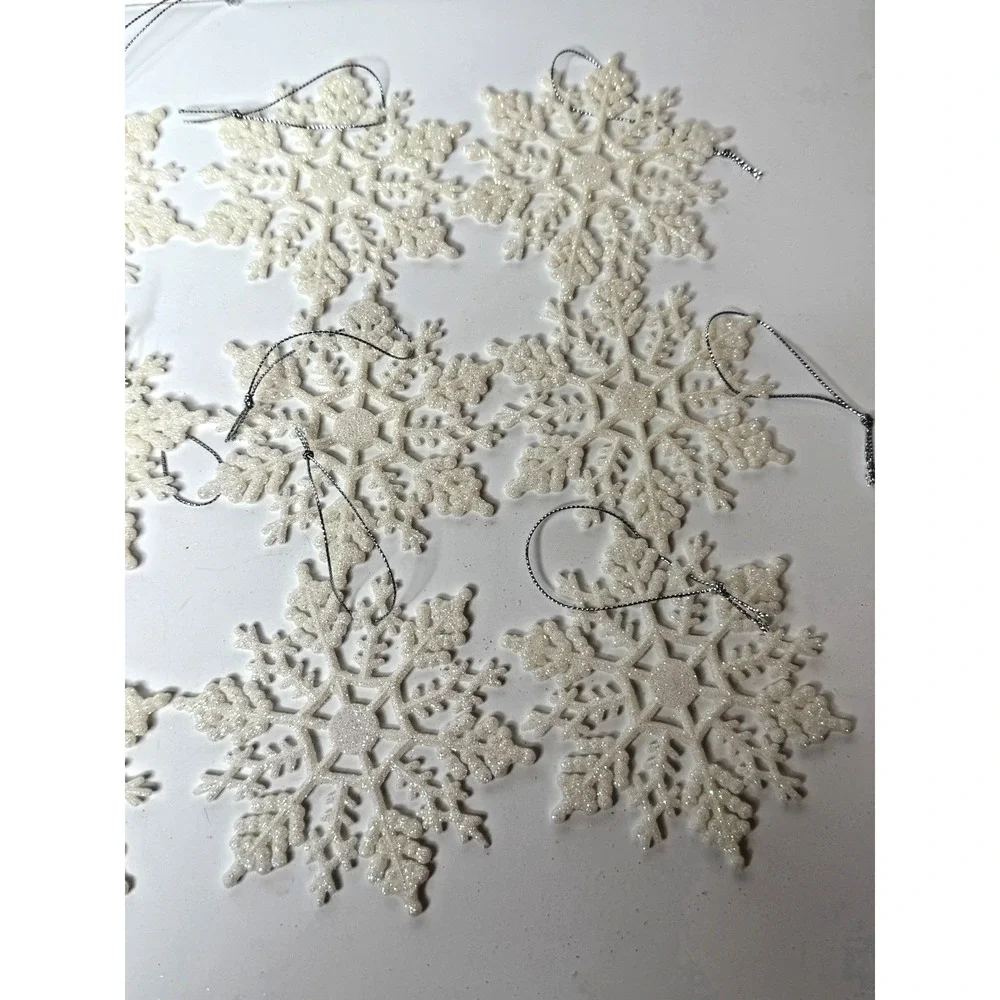 Lot of 12 Cream Ivory Glitter Snowflake Christmas Ornaments Holiday Decor